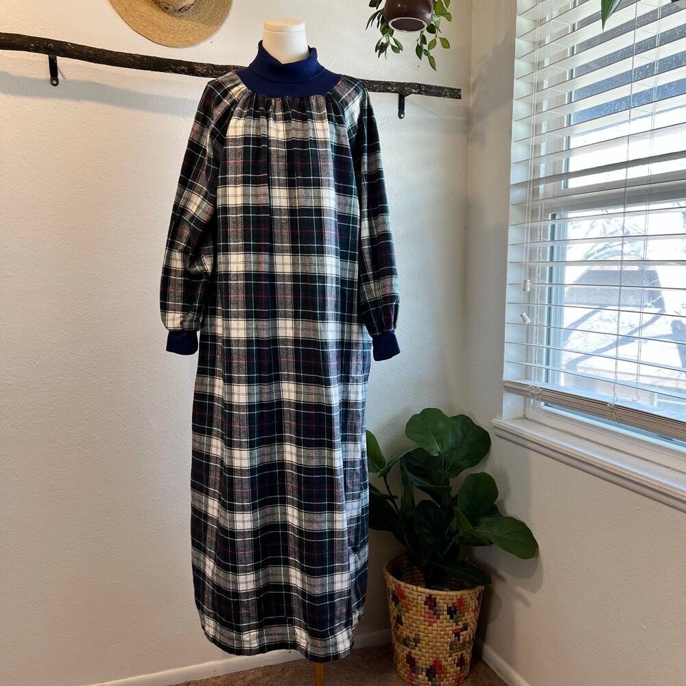 Avantique Vintage 90s Blue Plaid Flannel Long Sleeve Cotton Dress Size Medium